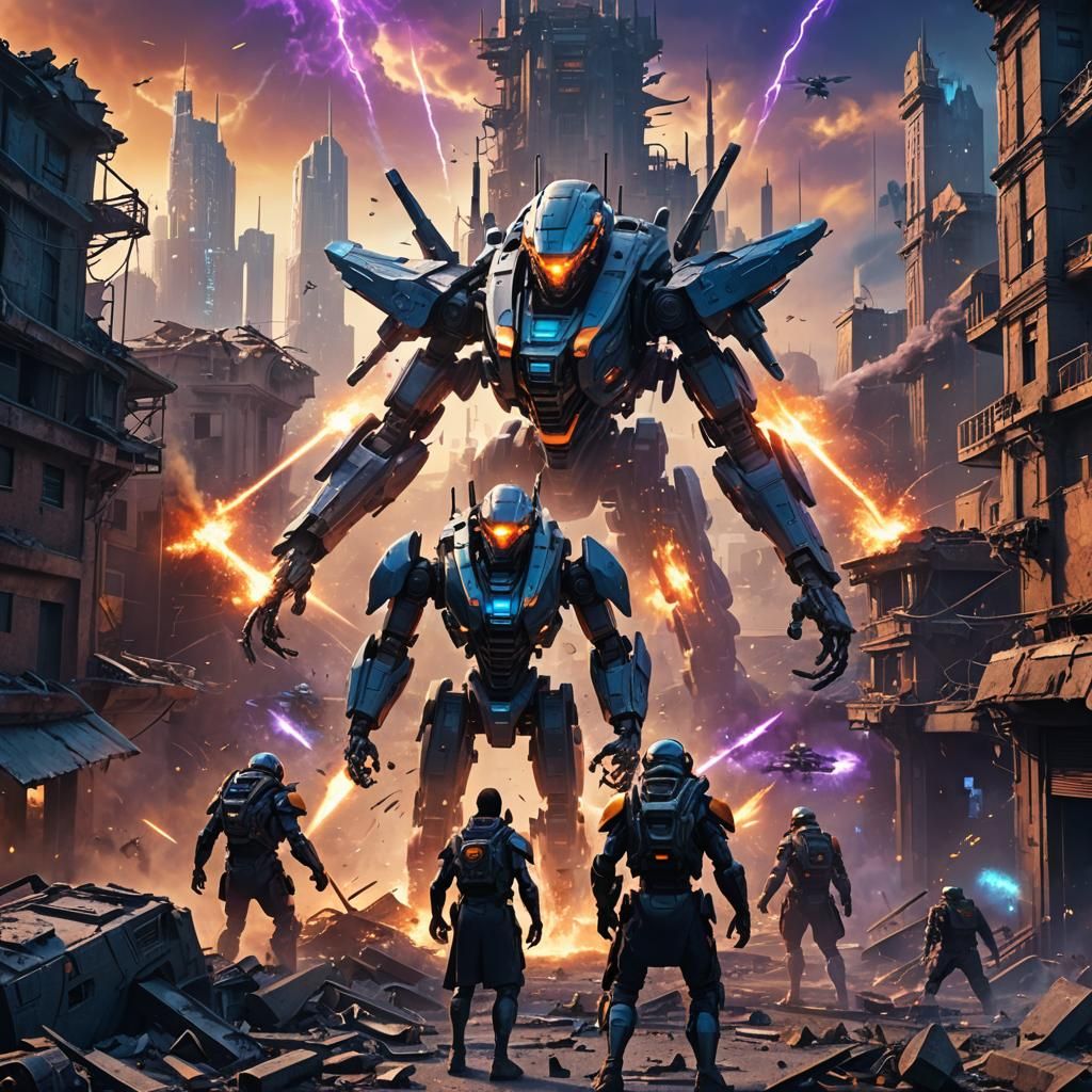 Humans vs. Robot Drones in Sci-Fi Cityscape