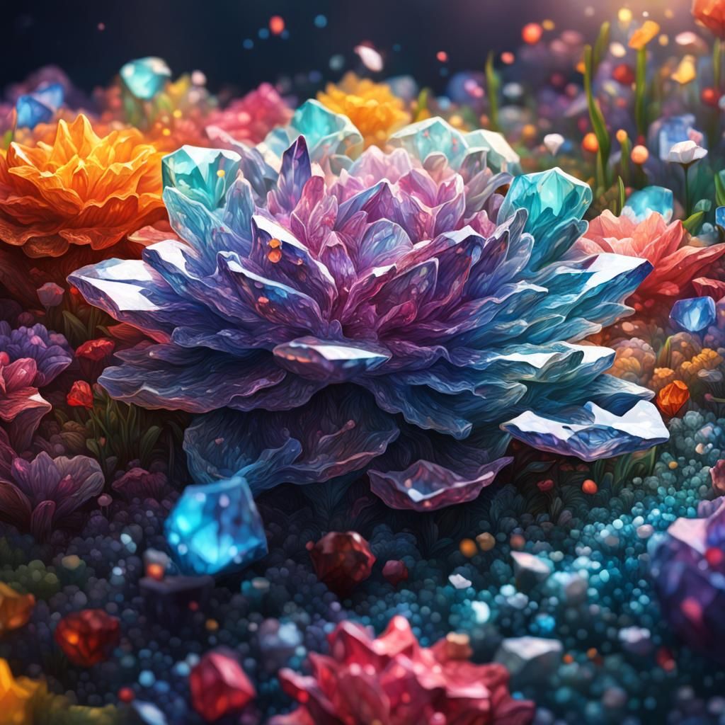 Hyperrealistic Crystal Flower Bed in Splash Art Style