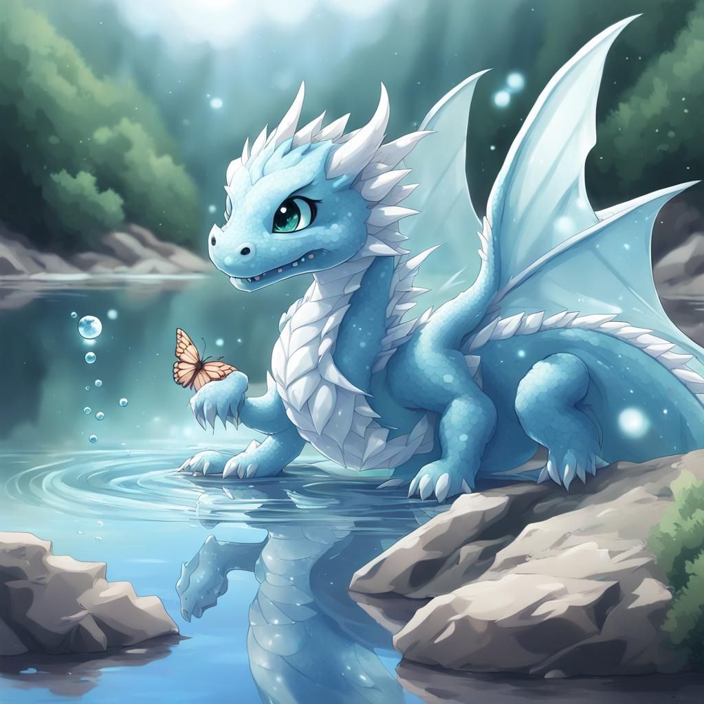 Cute Ice Dragon and Butterfly, Anime Style