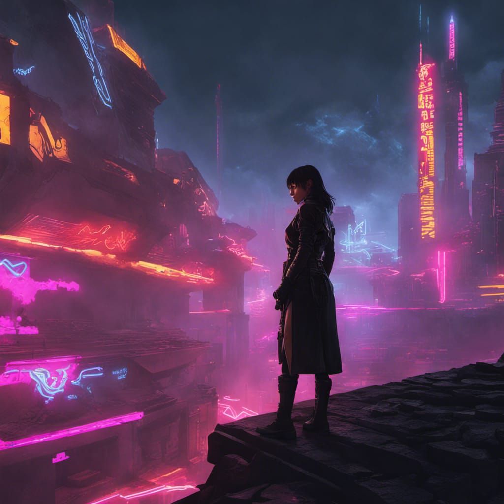 Medieval Meets Cyberpunk: Mysterious Girl in Neon Future