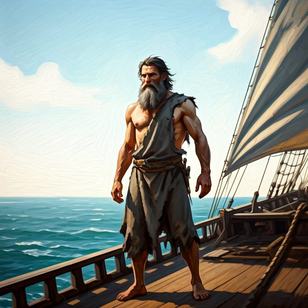 Bare-backed Man on Ship in Romantic Seascape