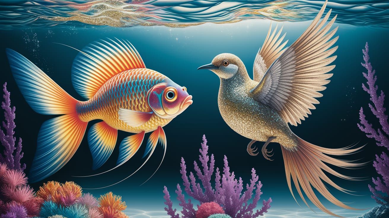 Glittery Goldfish and Diamond Bird in Ethereal Light