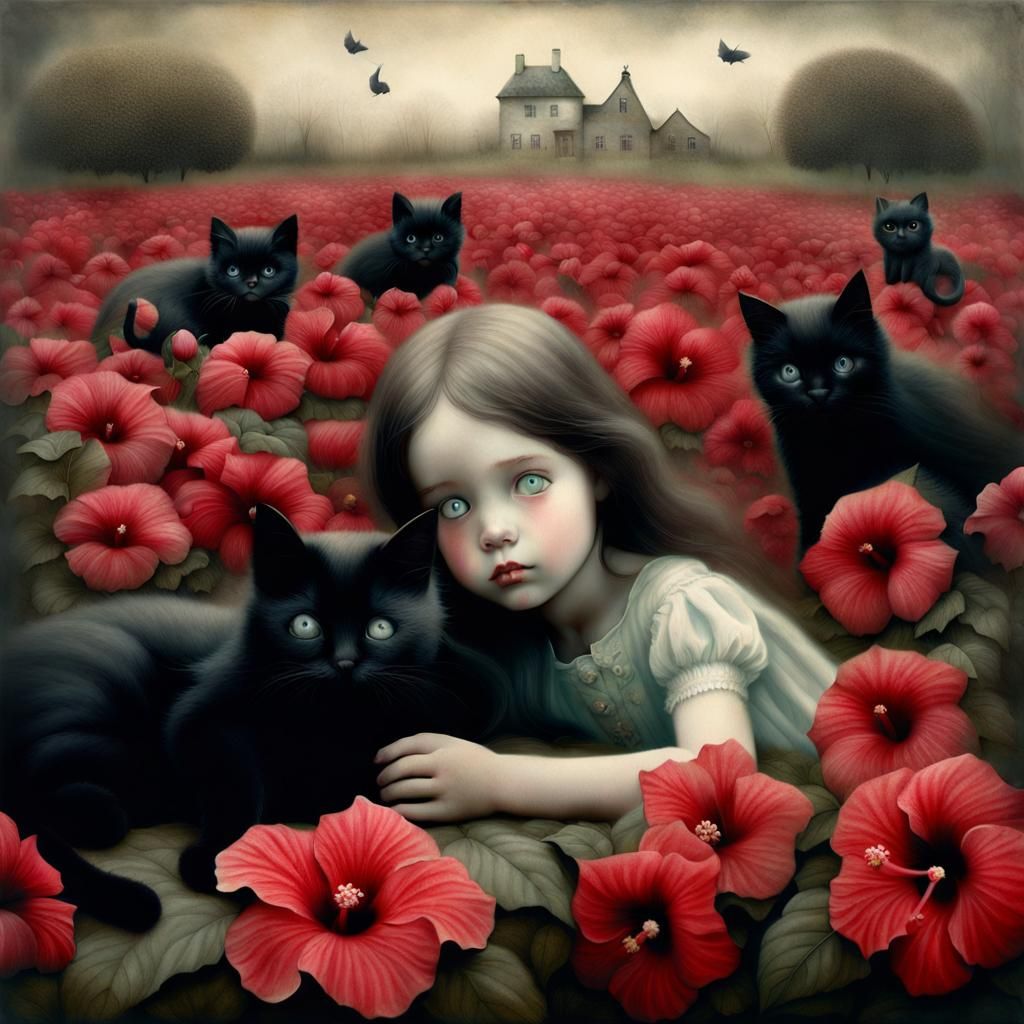 Girl with Black Cats in Hibiscus Field
