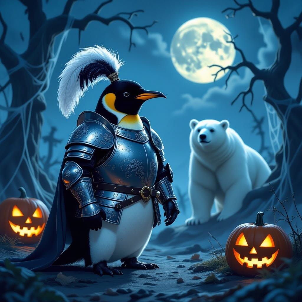 Knight Penguin Dreams of Polar Bear Battle on Halloween