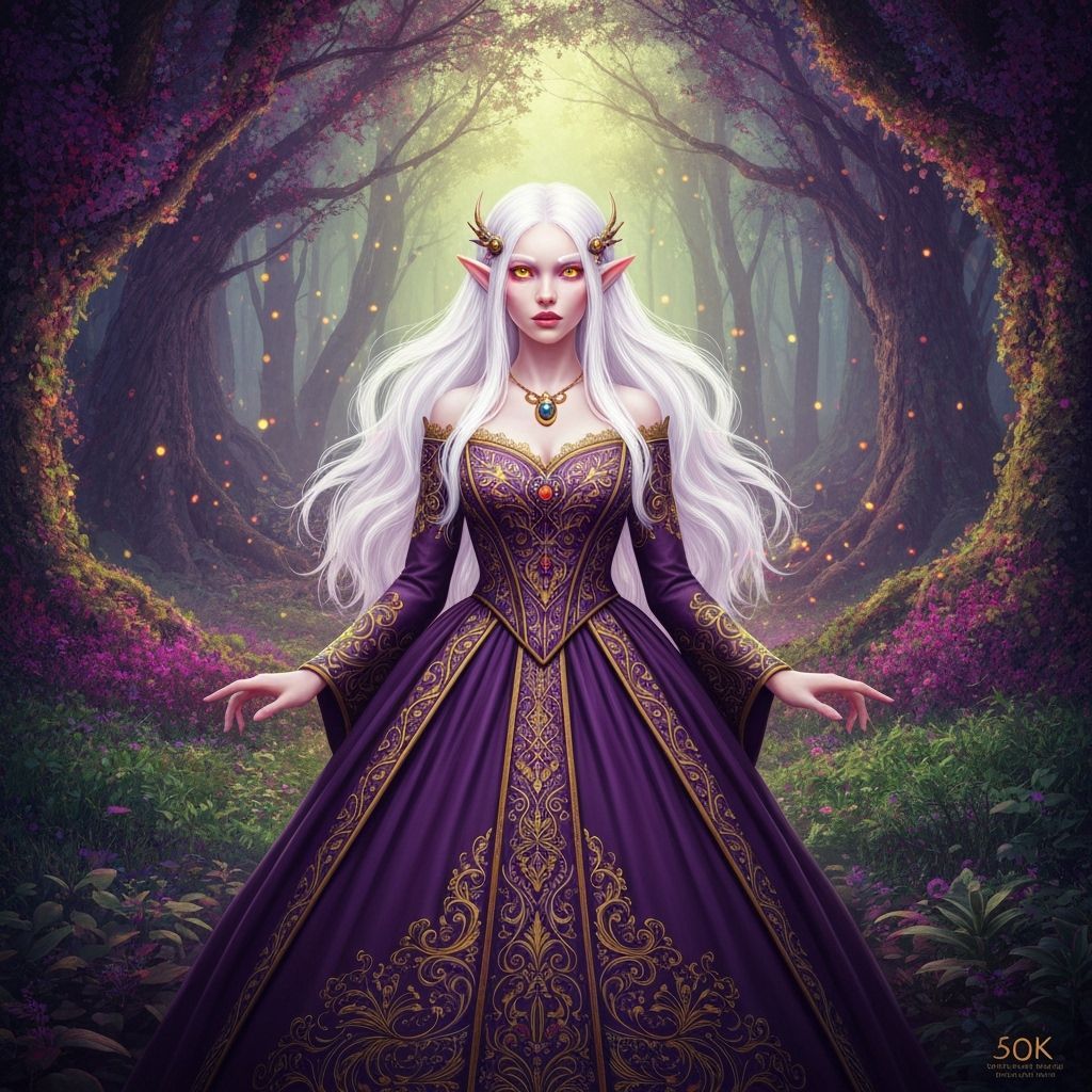Albino Elf Maiden in Fantasy Forest, Art Nouveau Style