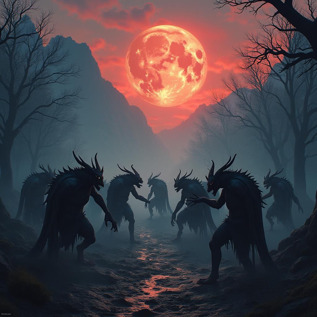 Demons Dance in Dark Fantasy Landscape as Matte Painting