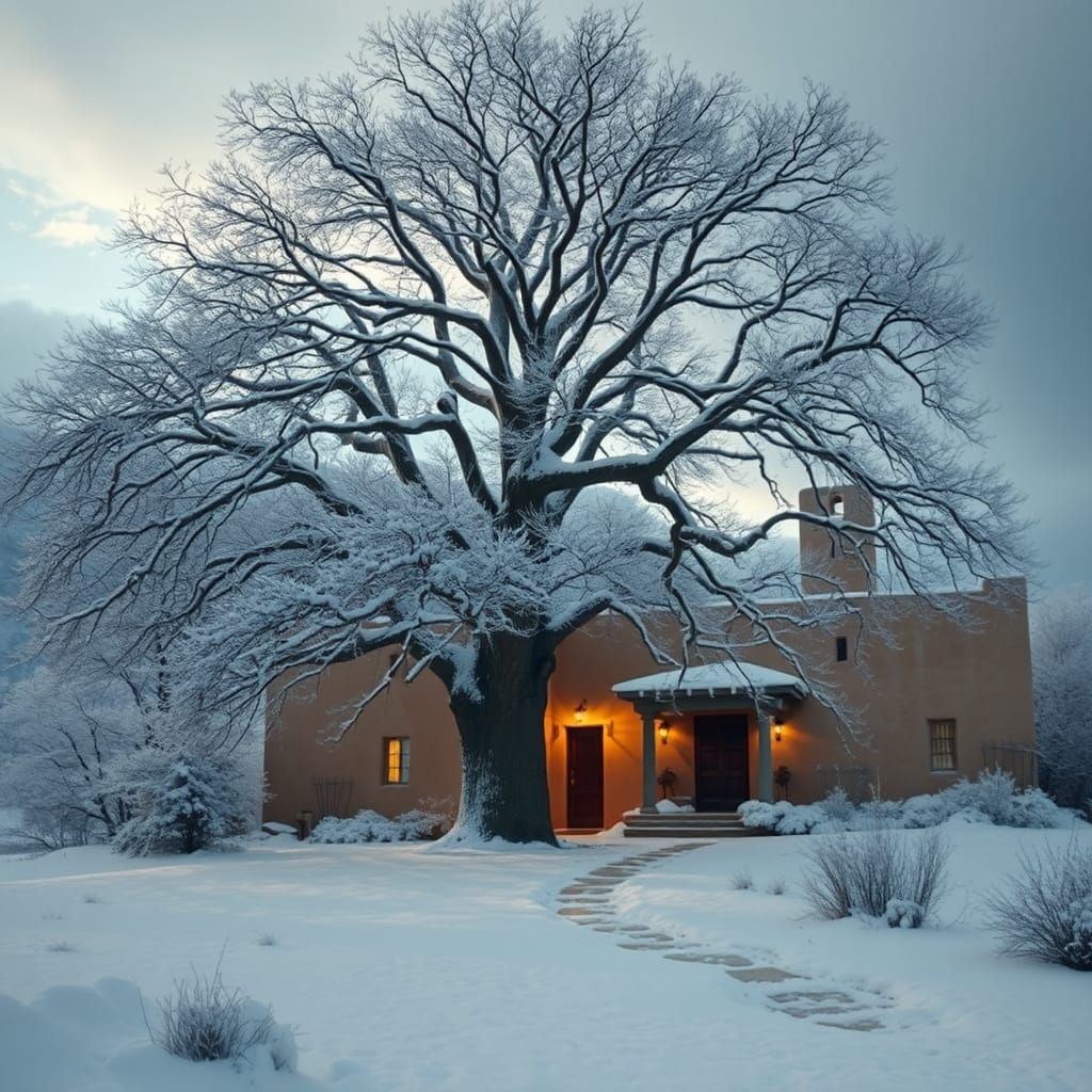 Winter Snowfall in Santa Fe Pueblo Home