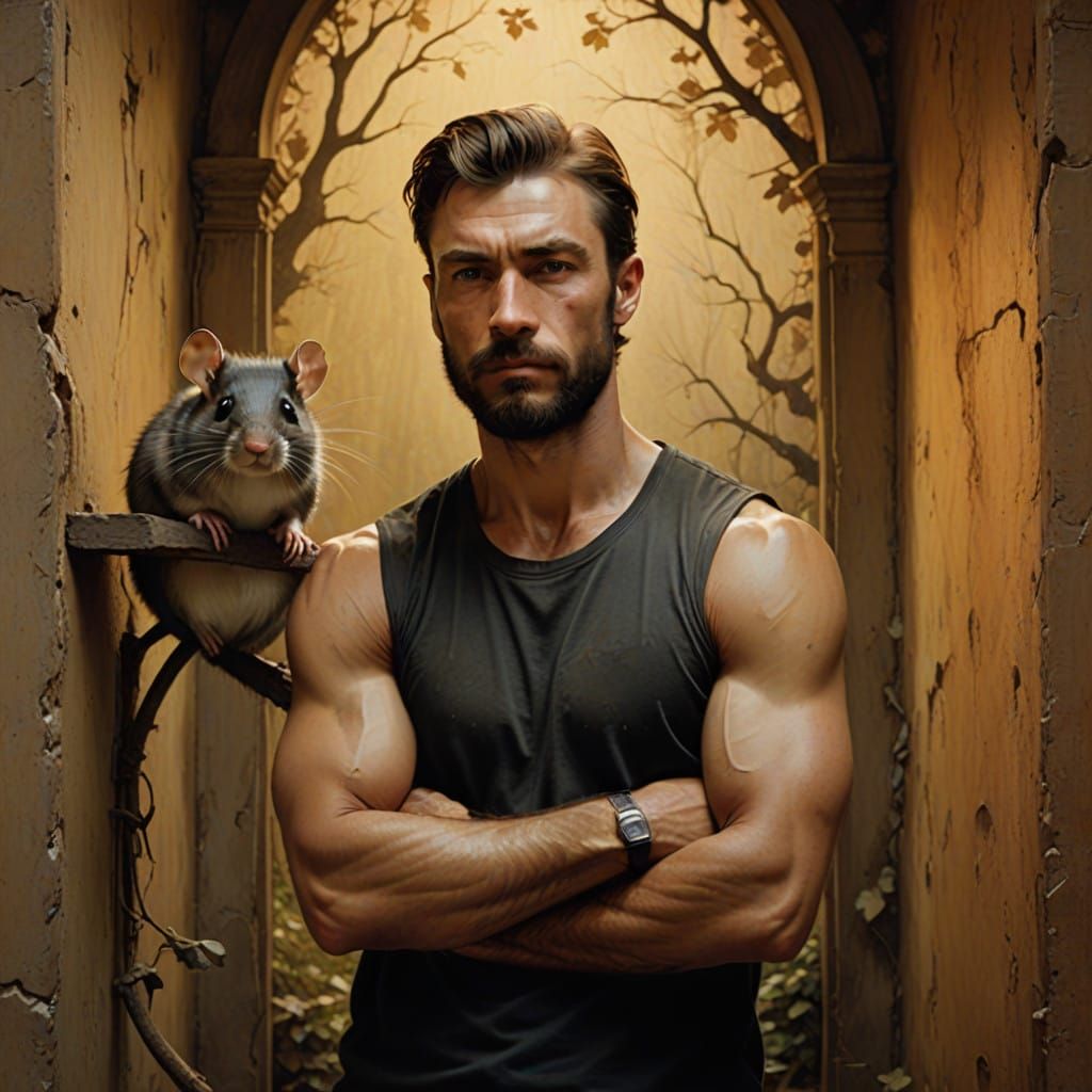 Handsome Man Surrounded by Mice in a Warm, Golden-Brown Sett...