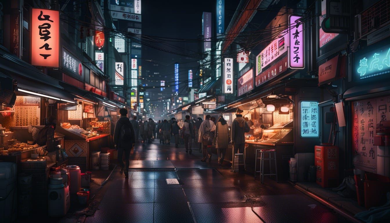 Neon Tokyo Street at Night in Cyberpunk Style