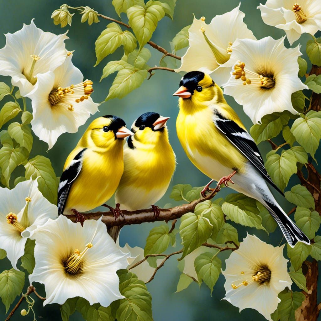 American Goldfinches And White Angel's Trumpet
