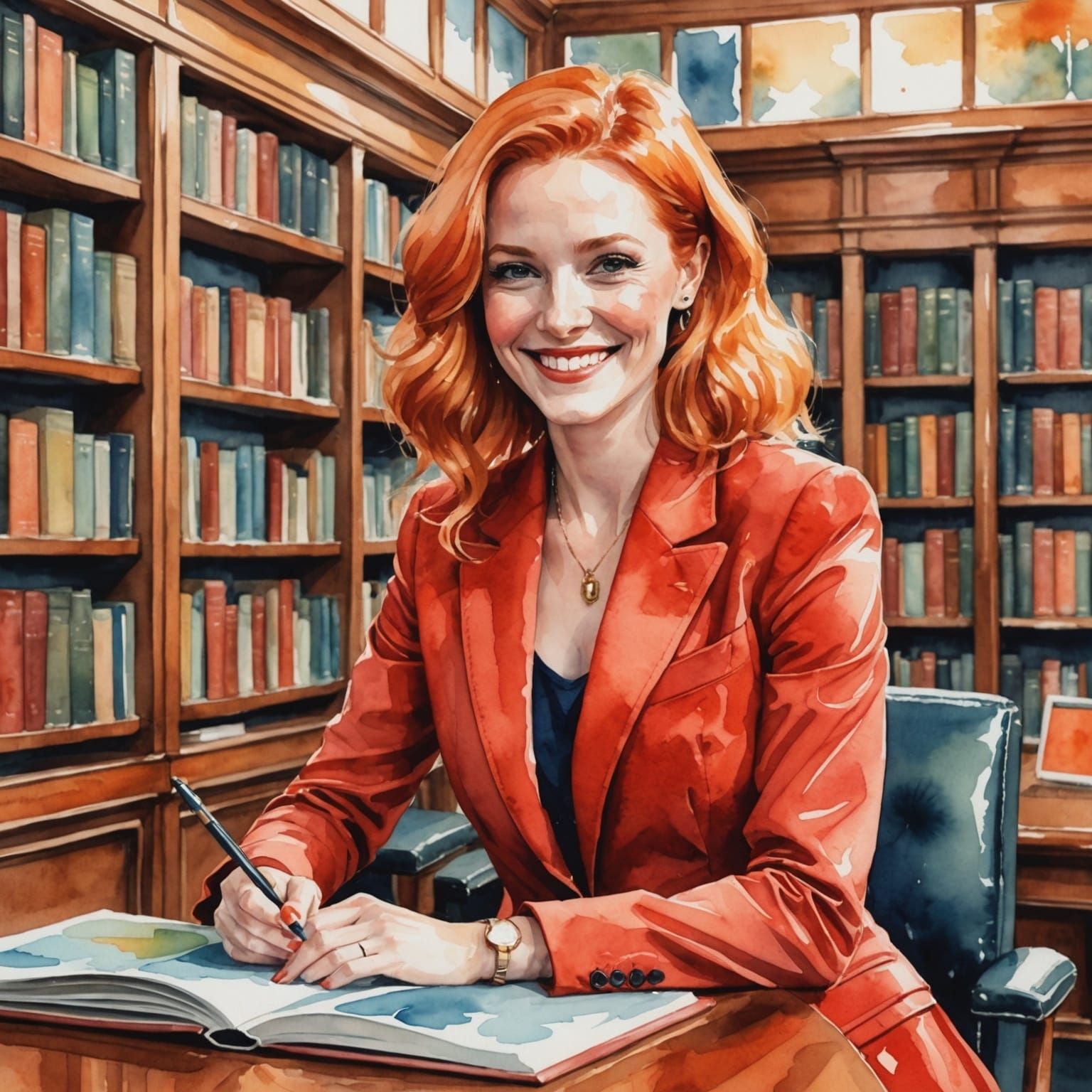 Smiling Woman in Red Suit, Watercolor Style