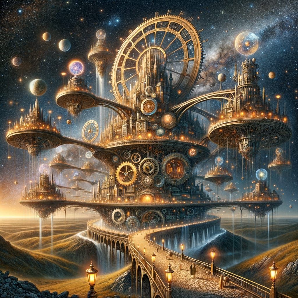 Steampunk City in Starry Sky Above Ancient Arch