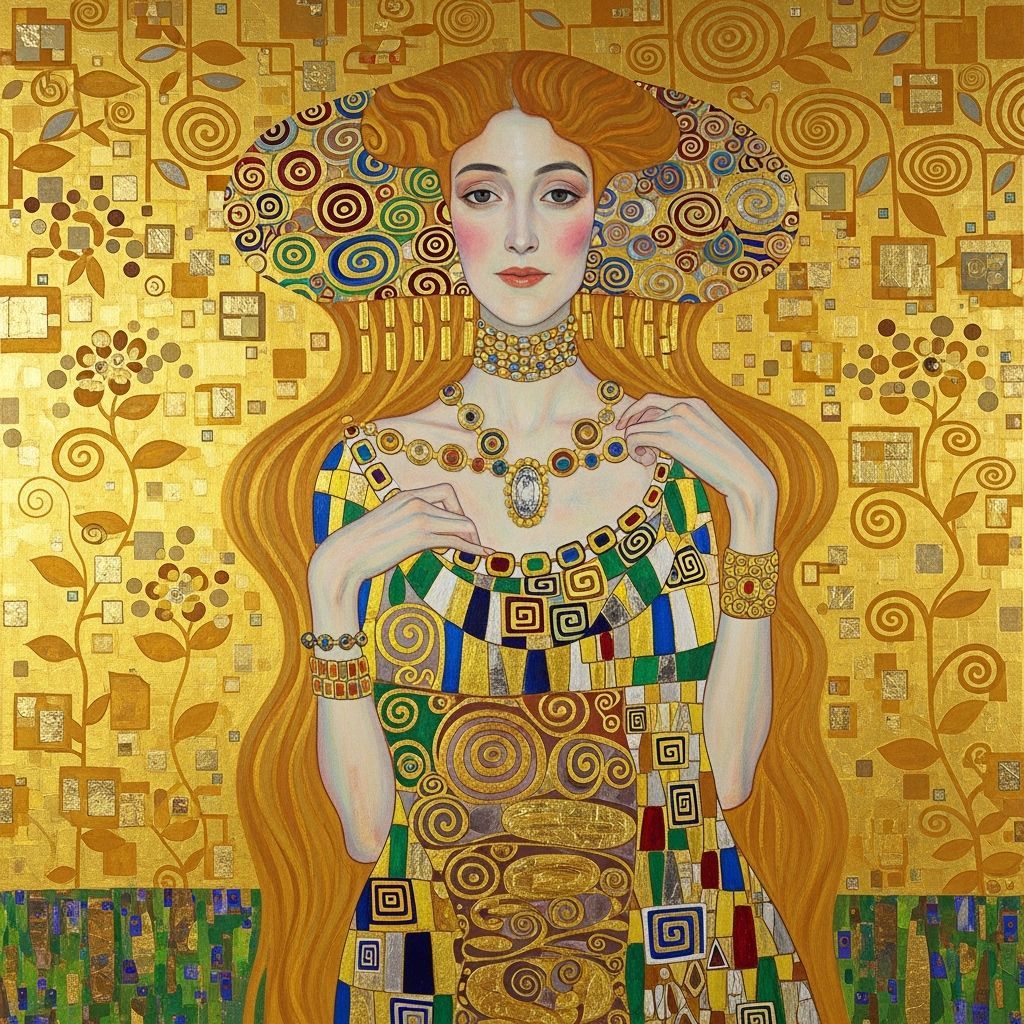 Klimt-Inspired Woman with Golden Hair and Ornate Dress