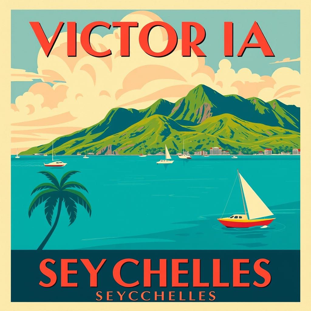 Vintage Art Deco Travel Poster of Victoria, Seychelles