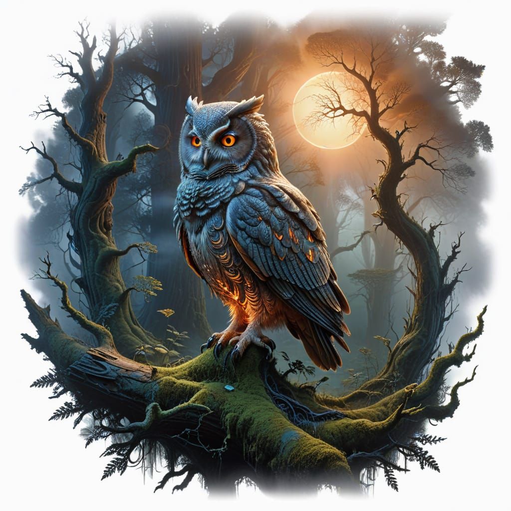 Wise Owl in Moonlit Forest: Hyper-Real Digital Painting