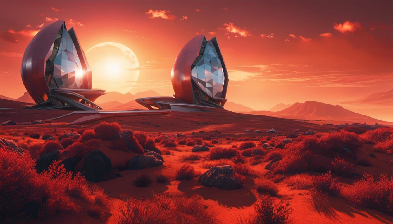 Futuristic Mars Landscape with Alien Plants and Red Suns