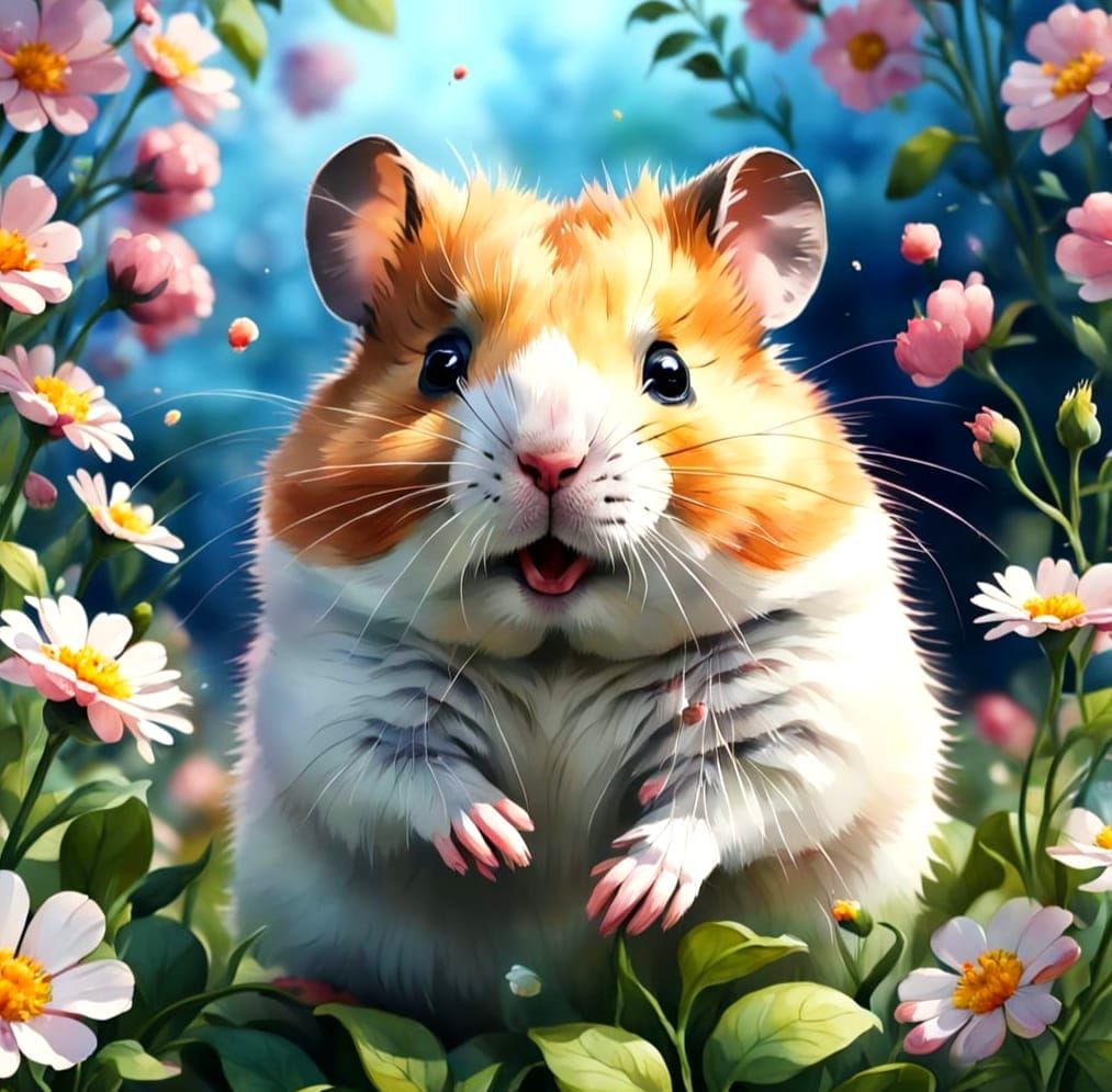 Watercolor Hamster in Floral Bloom, Detailed Animation