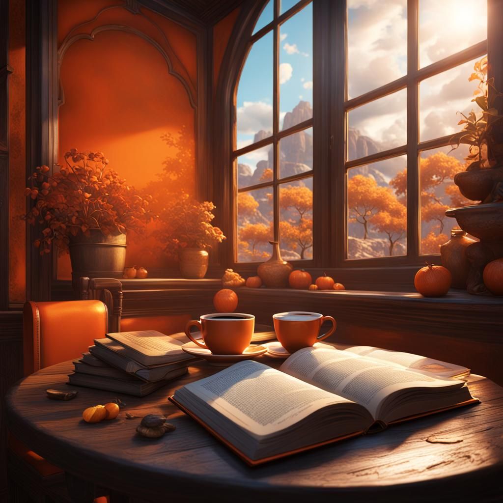 Book, Orange, Coffee: Detailed Matte Painting