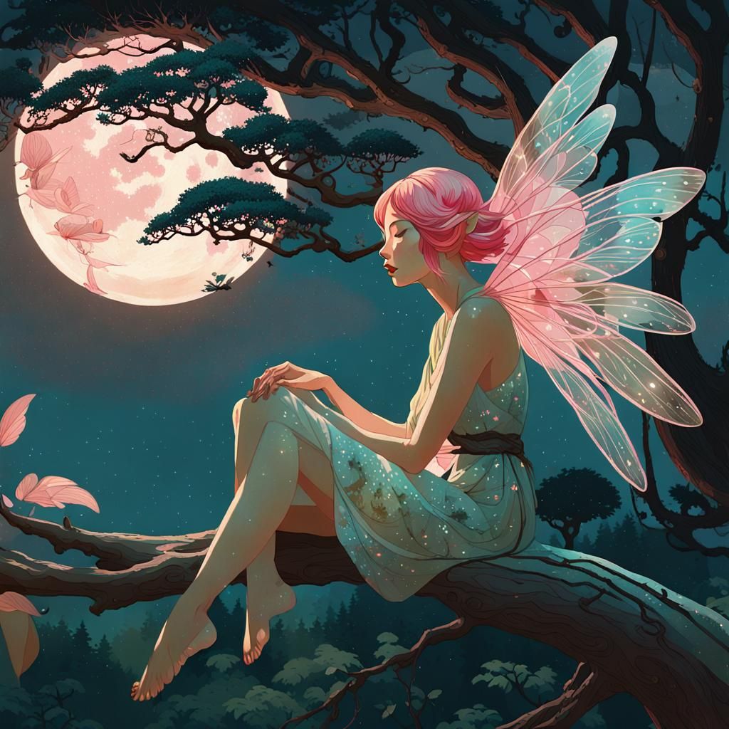 Beautiful Summer Fairy in Moonlight, Comic Illustration