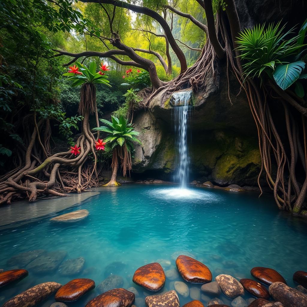 Serene Watering Hole with Cantilever Rock Formation