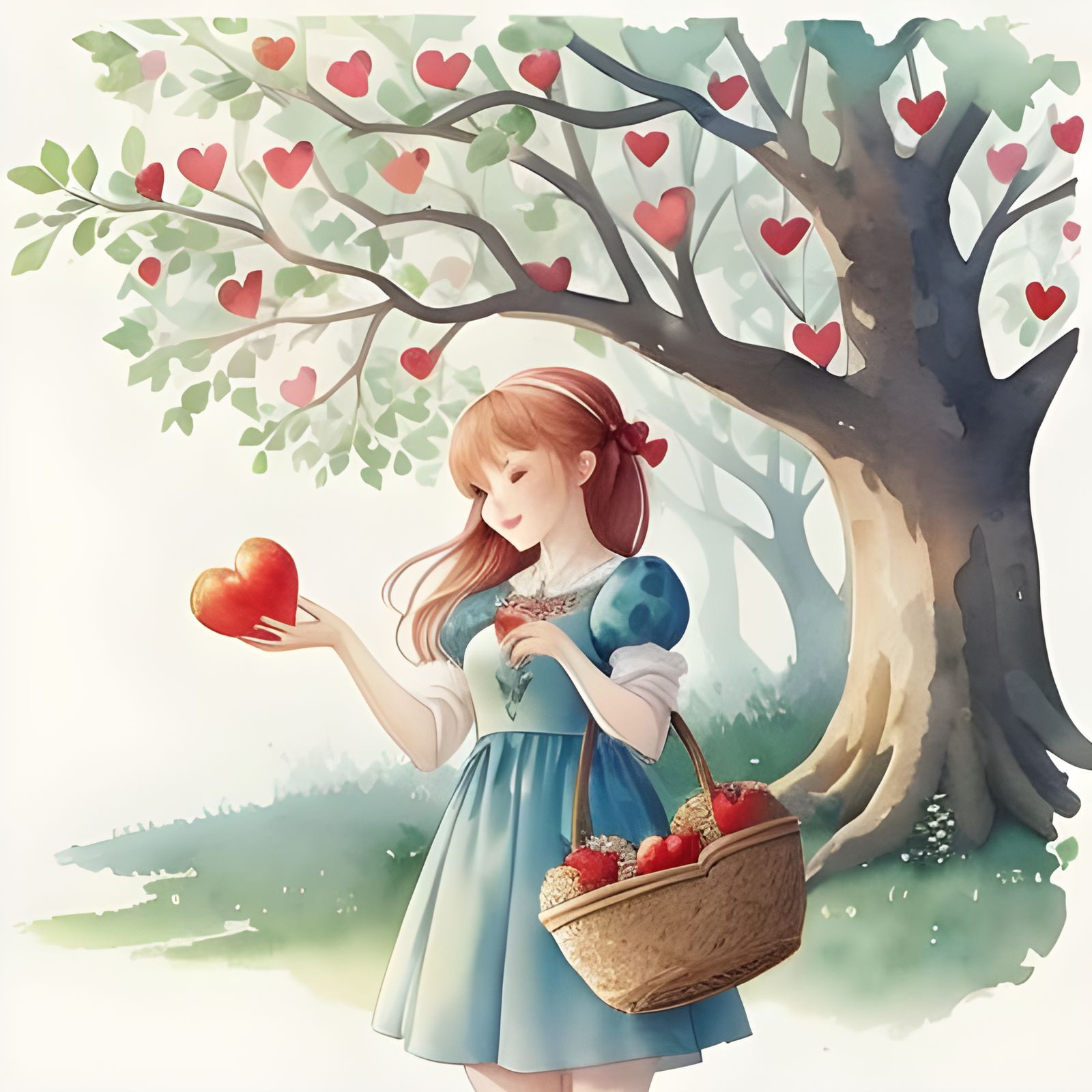 Girl Harvesting Hearts in Watercolor Illustration