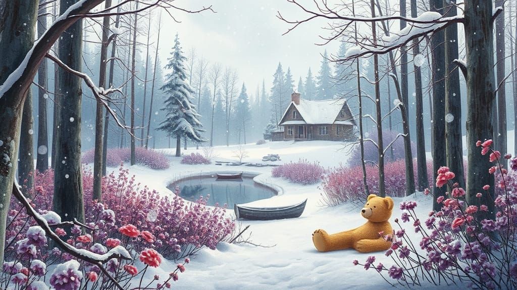 Snowy Forest with Stuffed Bear in 3D Animation Style