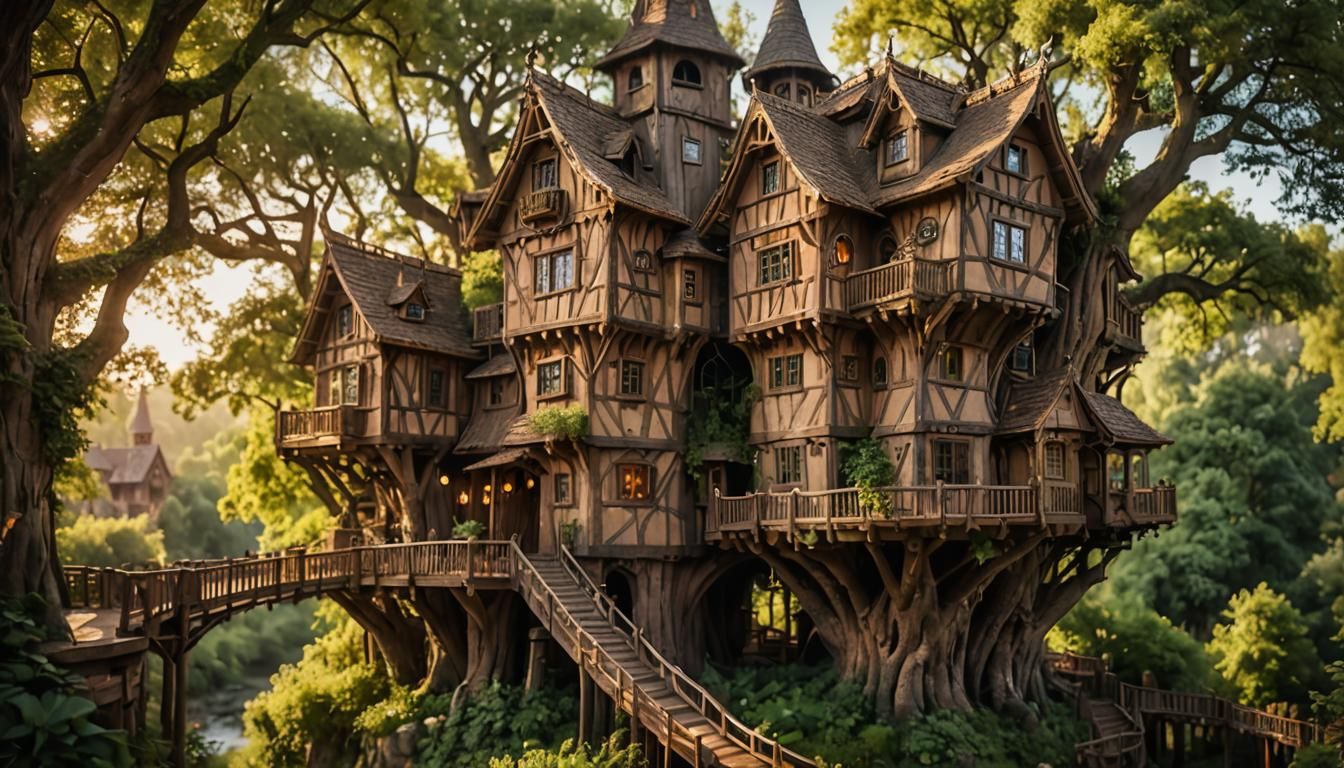 Enchanted Half-Timbered Treehouse with Balconies and Towers