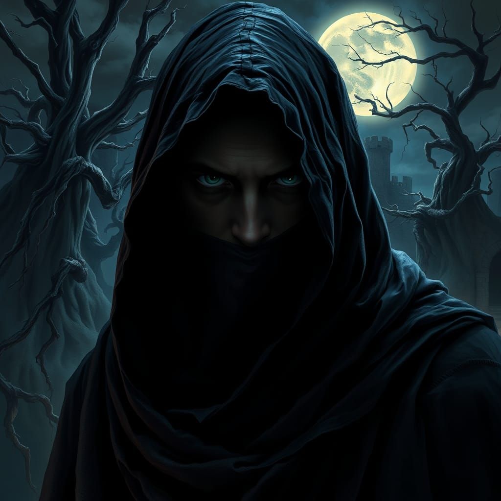 Ethereal Cloaked Figure in Surreal Landscape