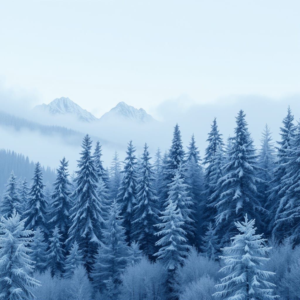 Serene Pointillist Winter Scene with Majestic Mountains and...