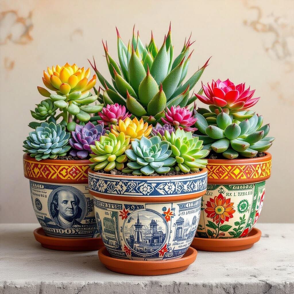 Adobe Planters with Succulents Painted with Currency Designs