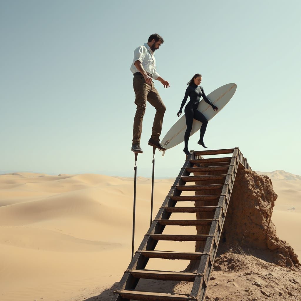Surreal Desert Staircase: Man on Stilts and Surfer