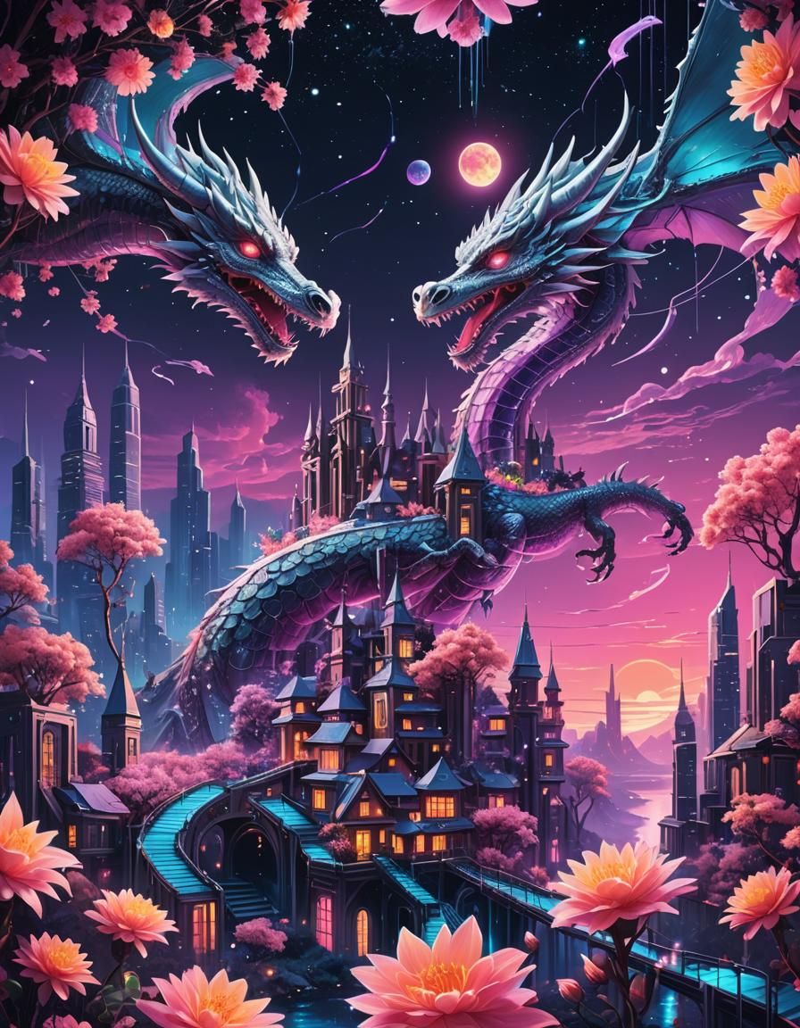 Surreal Floating City with Dragon in Synthwave Style