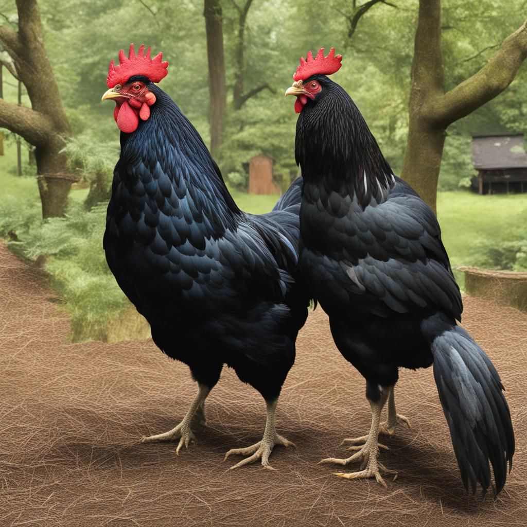 Australorp Hen and Rooster in Backyard