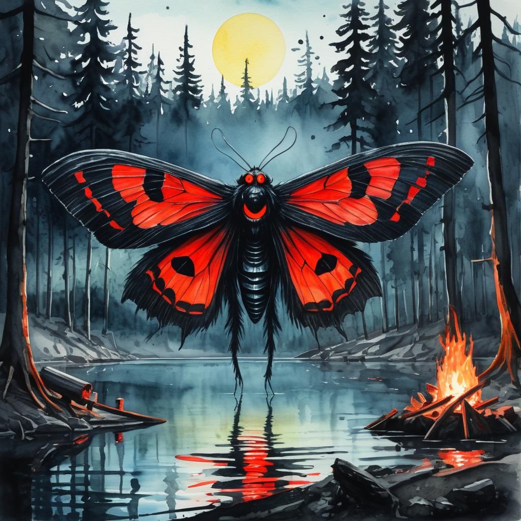 Mysterious Mothman in Noir Watercolor Painting