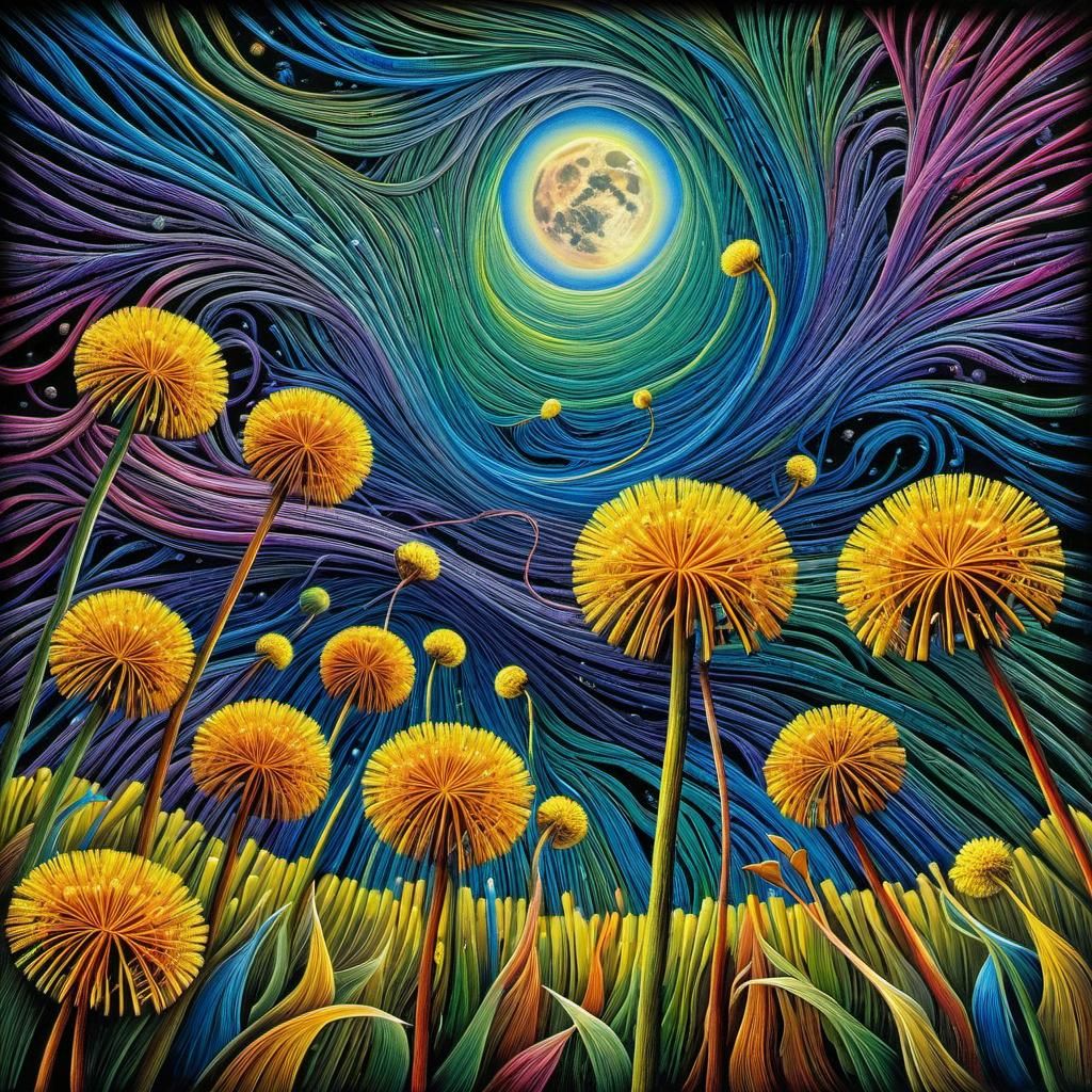 Surreal Unraveled Dandelions in Mixed Media