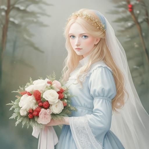 Christmas Bride in Watercolor Style with Roses