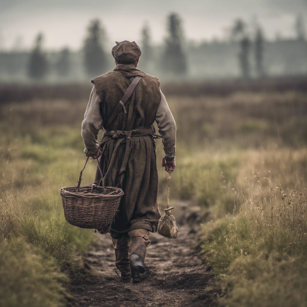 Medieval Man Carrying Bog Iron in Peat Bog