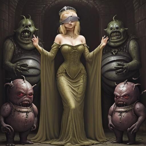 Blindfolded Queen in Monster Dungeon: Fantasy Oil Painting
