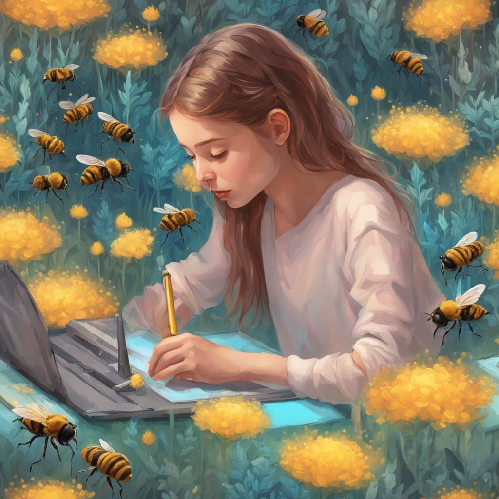 Robotic Bees & Electric Flowers in Pastel Digital Art