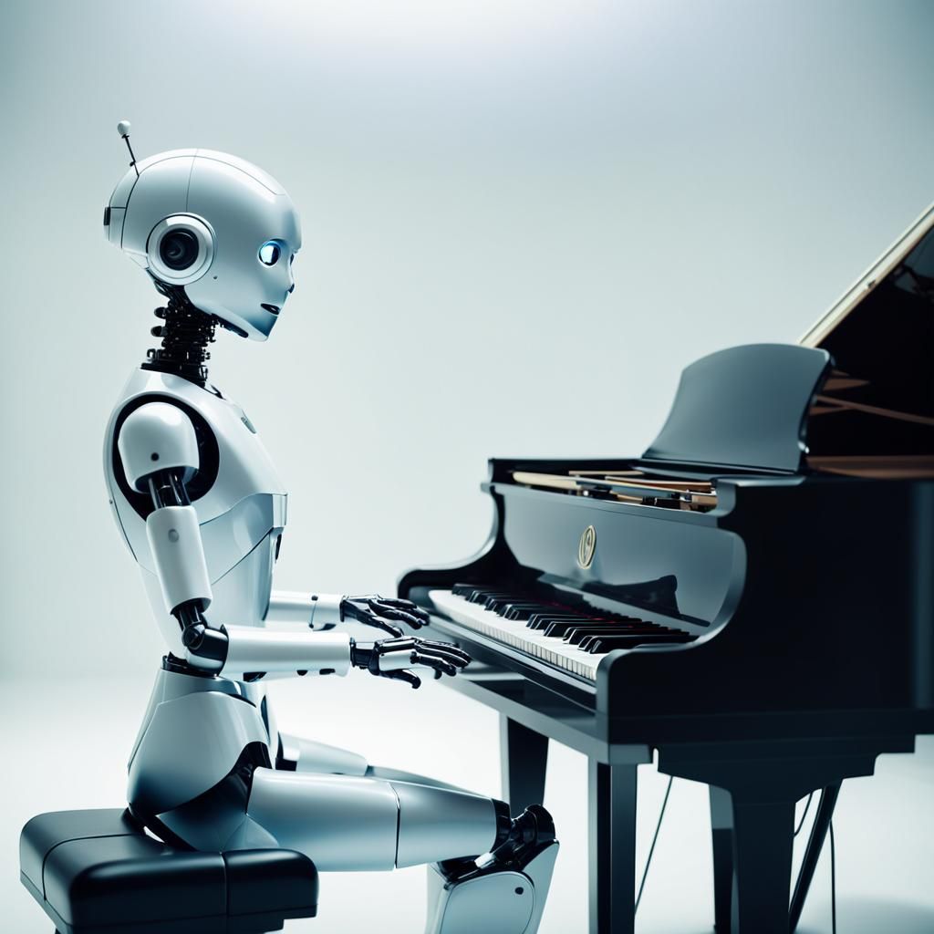 Robot Pianist in Evening Dress, Cinematic Film Still