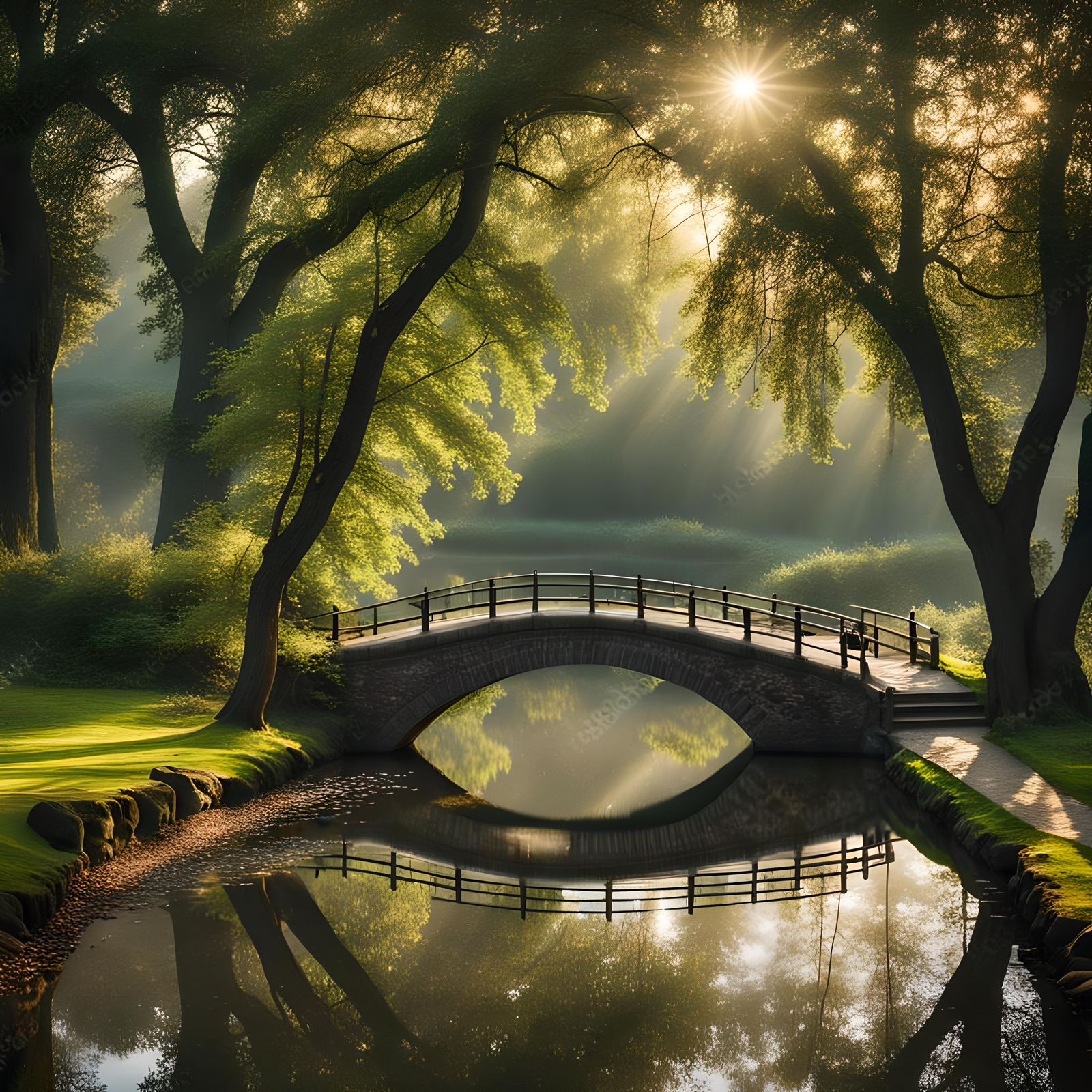 Serene Pond Scene with Cobblestone Bridge