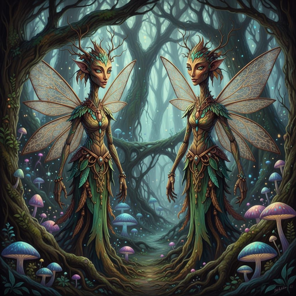 Ornate Mythical Creatures in Eerie Forest