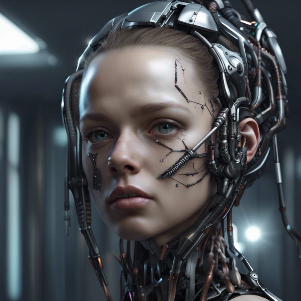 Hyperrealistic Cyborg in Dramatic Photorealistic Scene