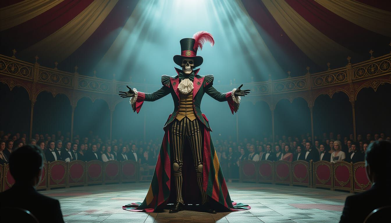 Skeletal Ringmaster Leads Gothic Circus Show