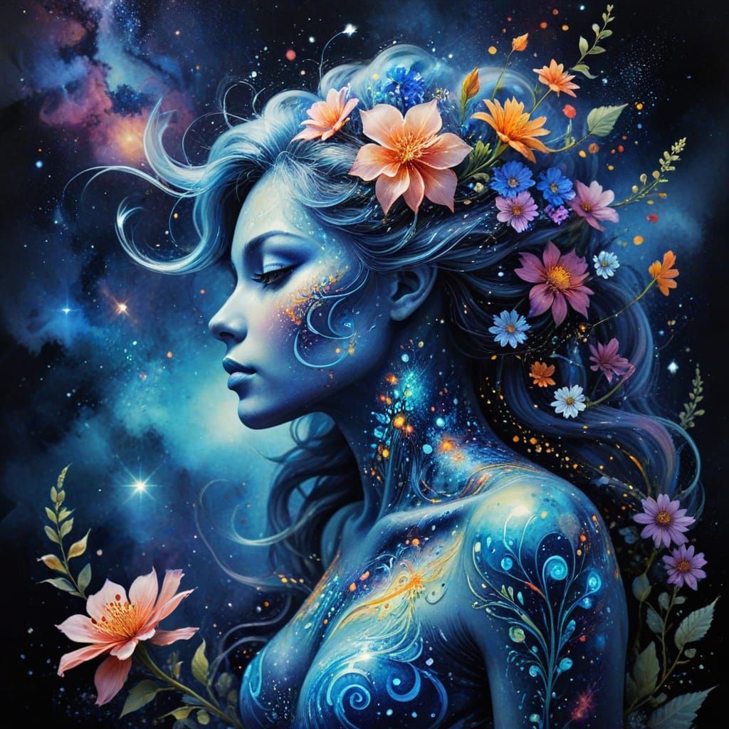 Mystical Creature Portrait in Cosmic Watercolor Style