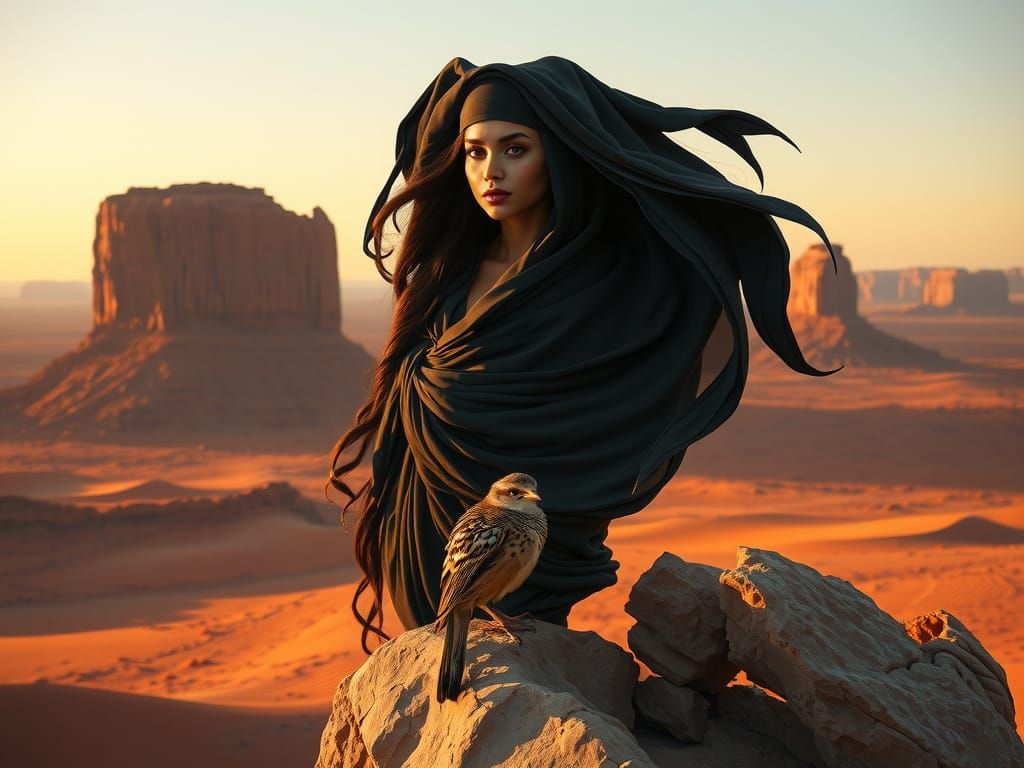 Celestial Indian-Arab Woman in Desert Sunrise