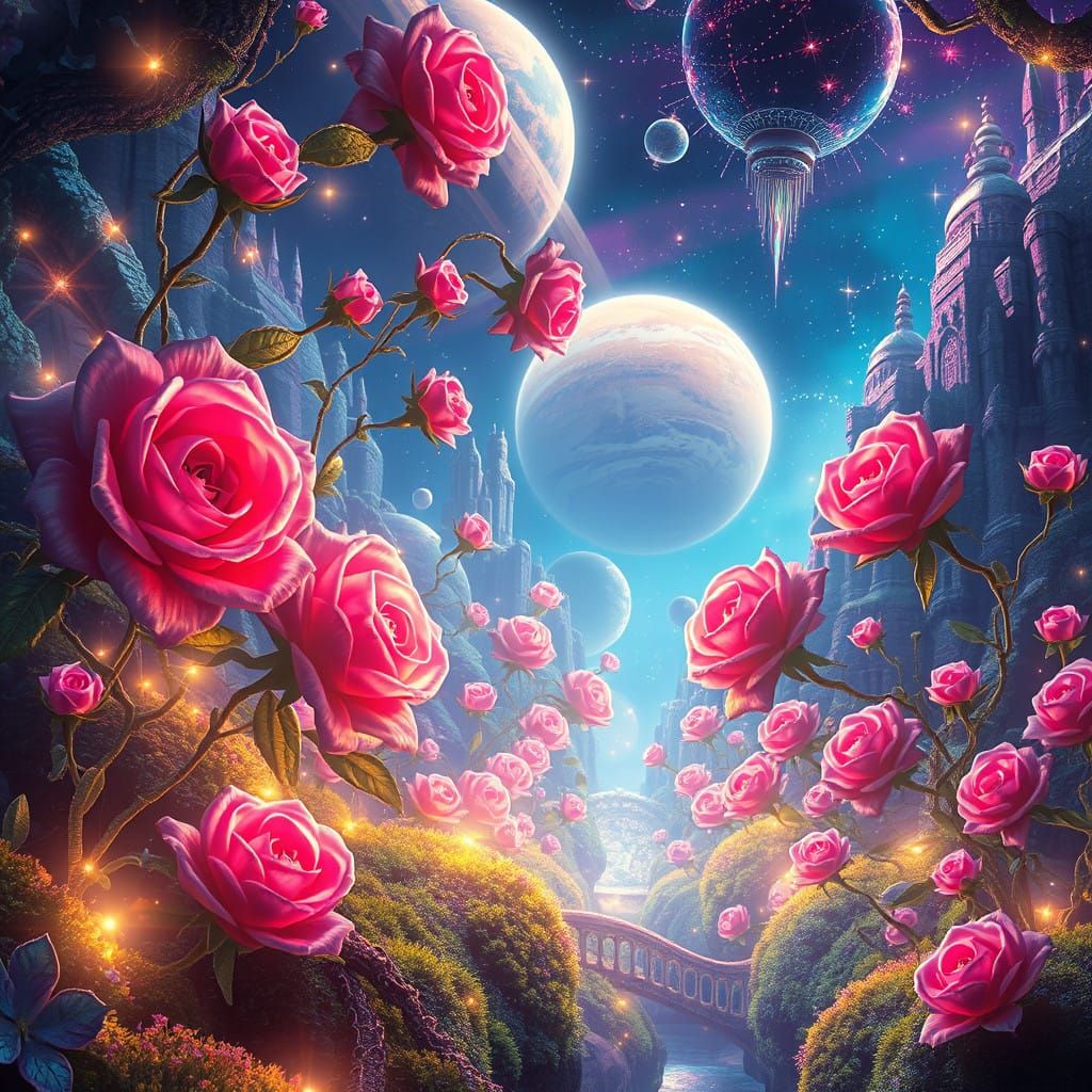 Surreal Celestial Garden with Glowing Roses and Vines