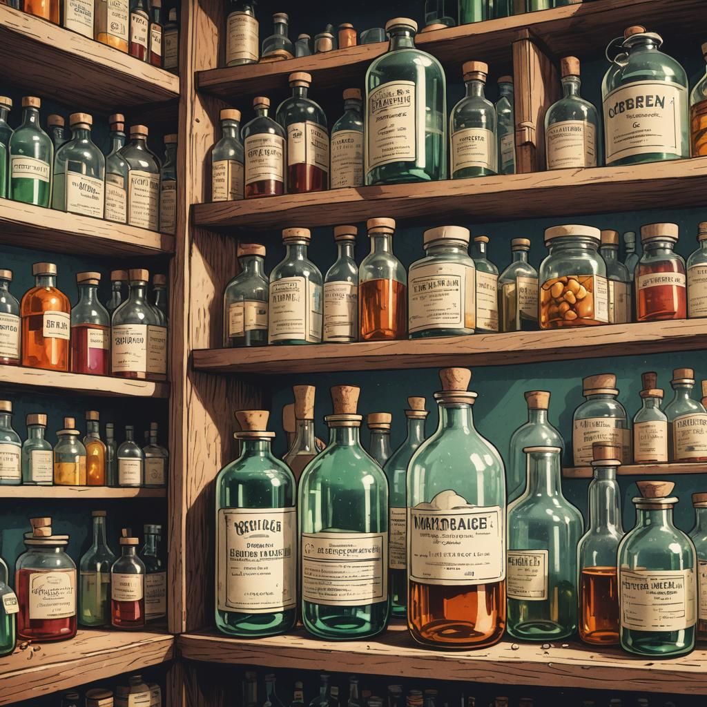 Retro Pharmacy Shelf Close-Up: Hand-Drawn Digital Art