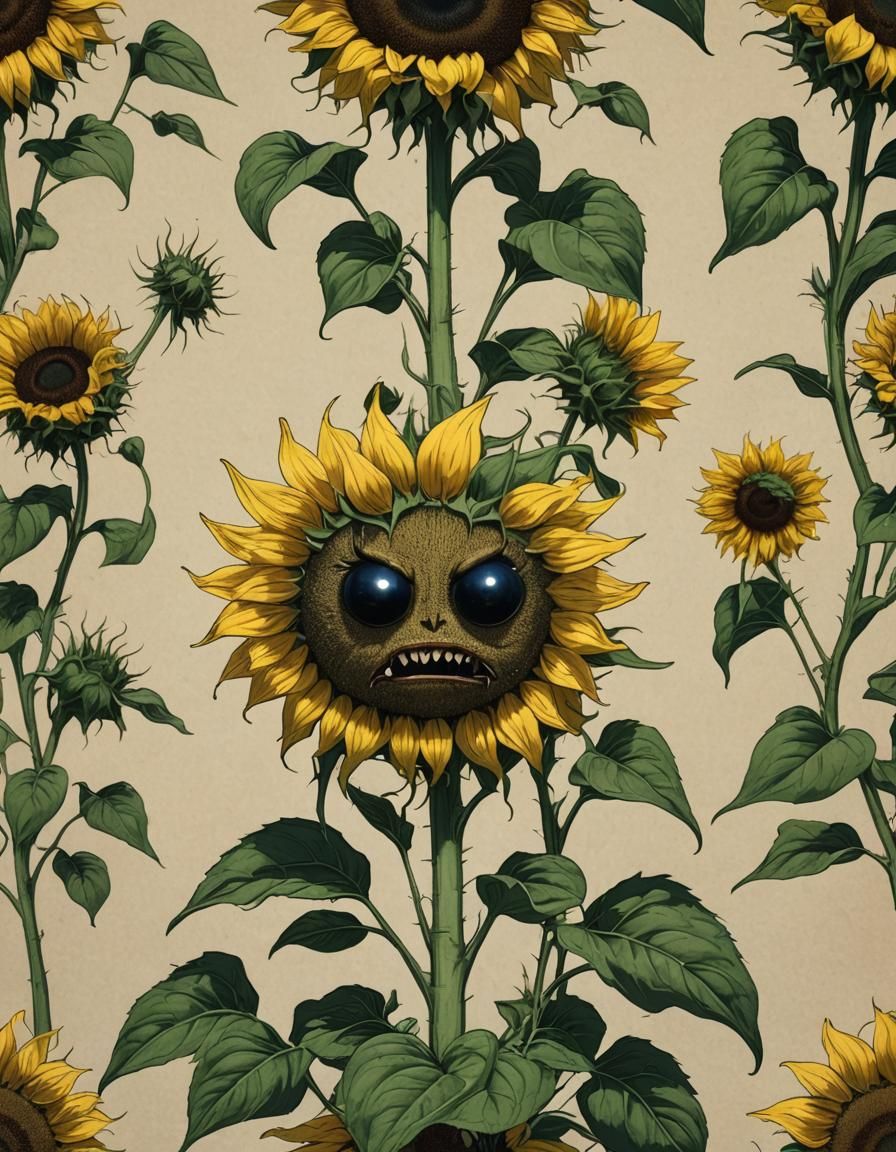 Angry Sunflower with Weeds: A Surreal Botanical Nightmare