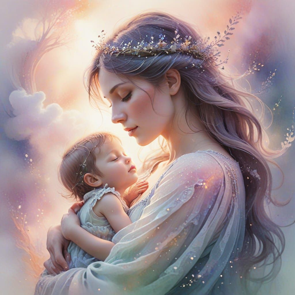 Mother and Child in Whimsical Watercolor Fantasy
